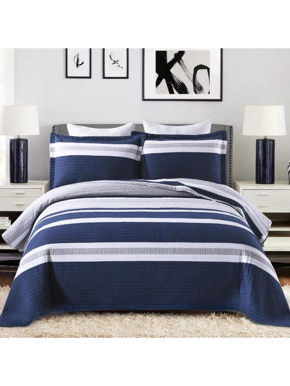 Navy Blue & Gray Striped 100% Cotton Queen Quilt Set - Soft Bedspread & Cozy